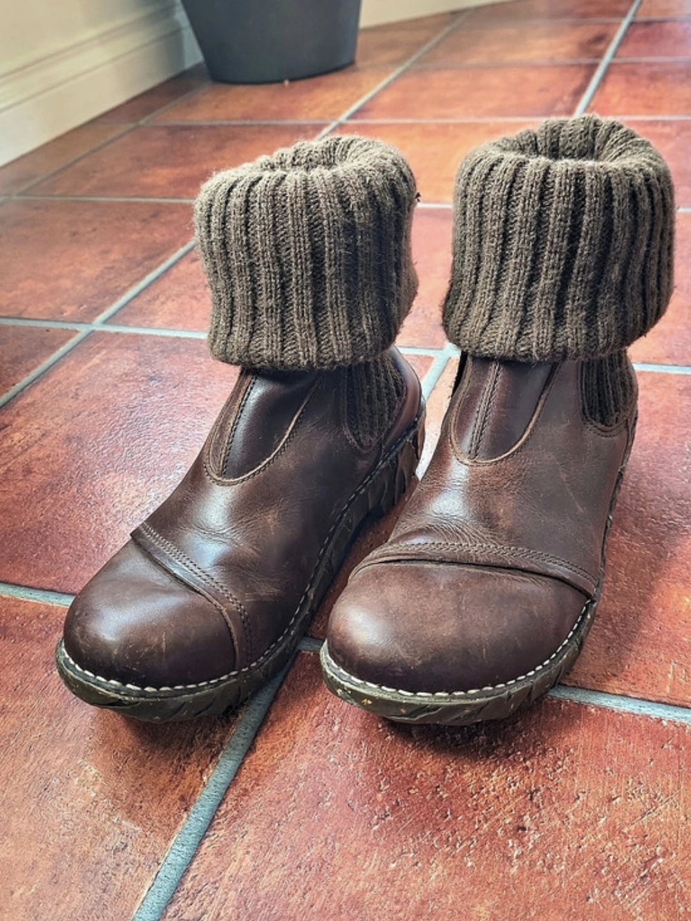 El Naturalista Leather Knit Cuff Ankle Boots in Brown